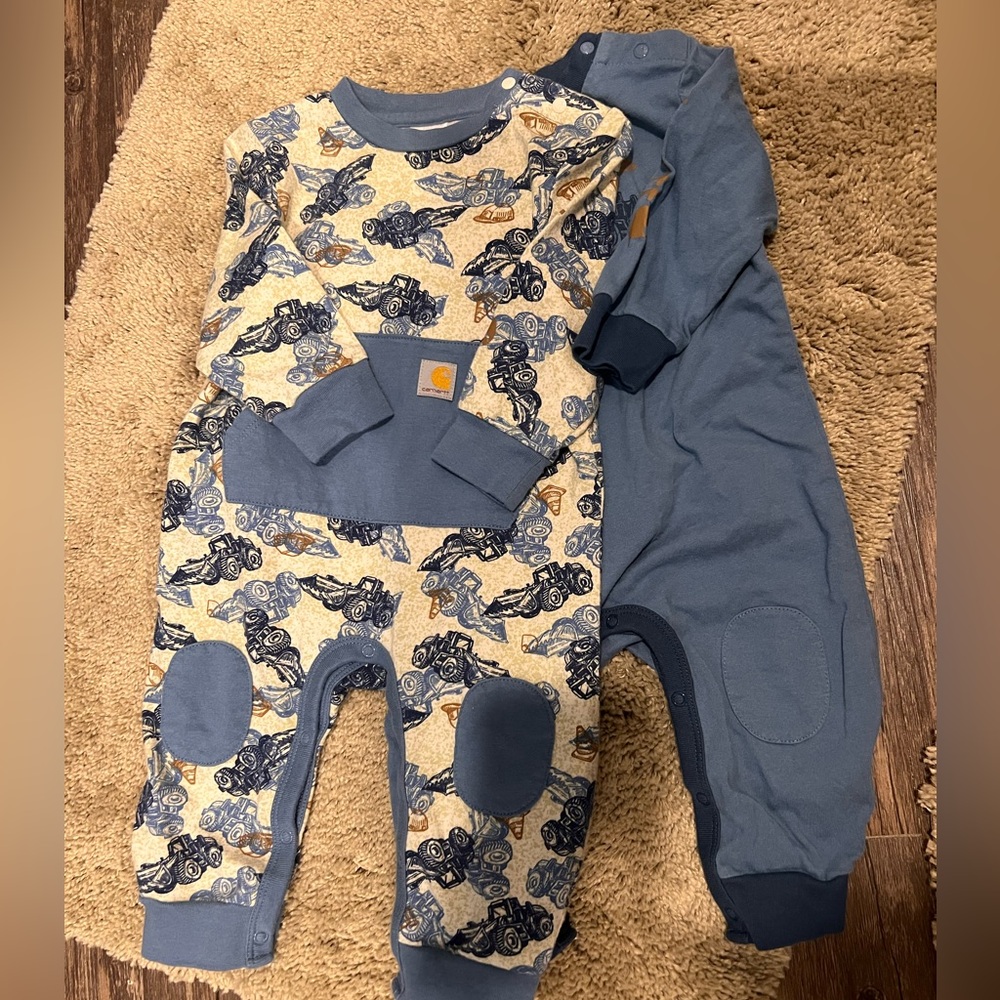 Carhartt Baby Romper Set with Motorcycle Design in Blue and Tan